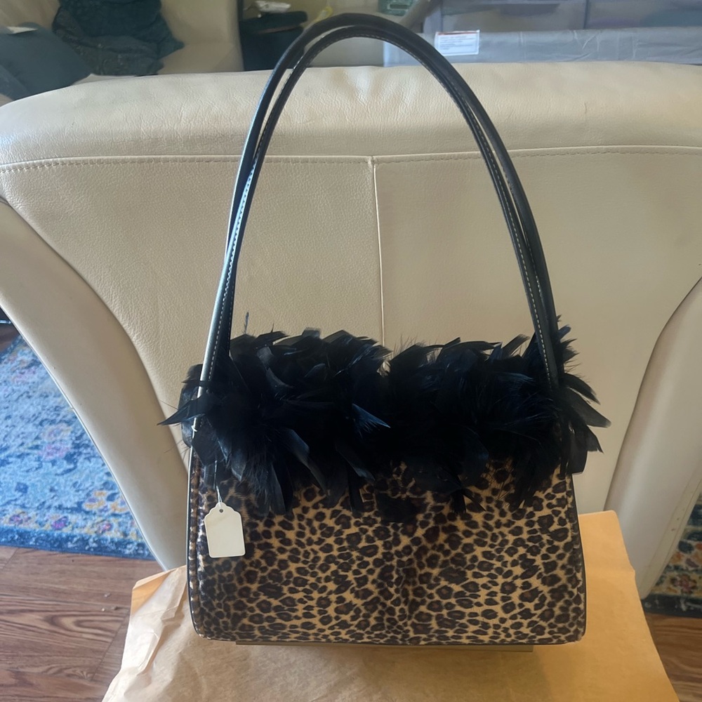 Vintage 1950s Leopard Print Women's Bag with Black Feather Trim